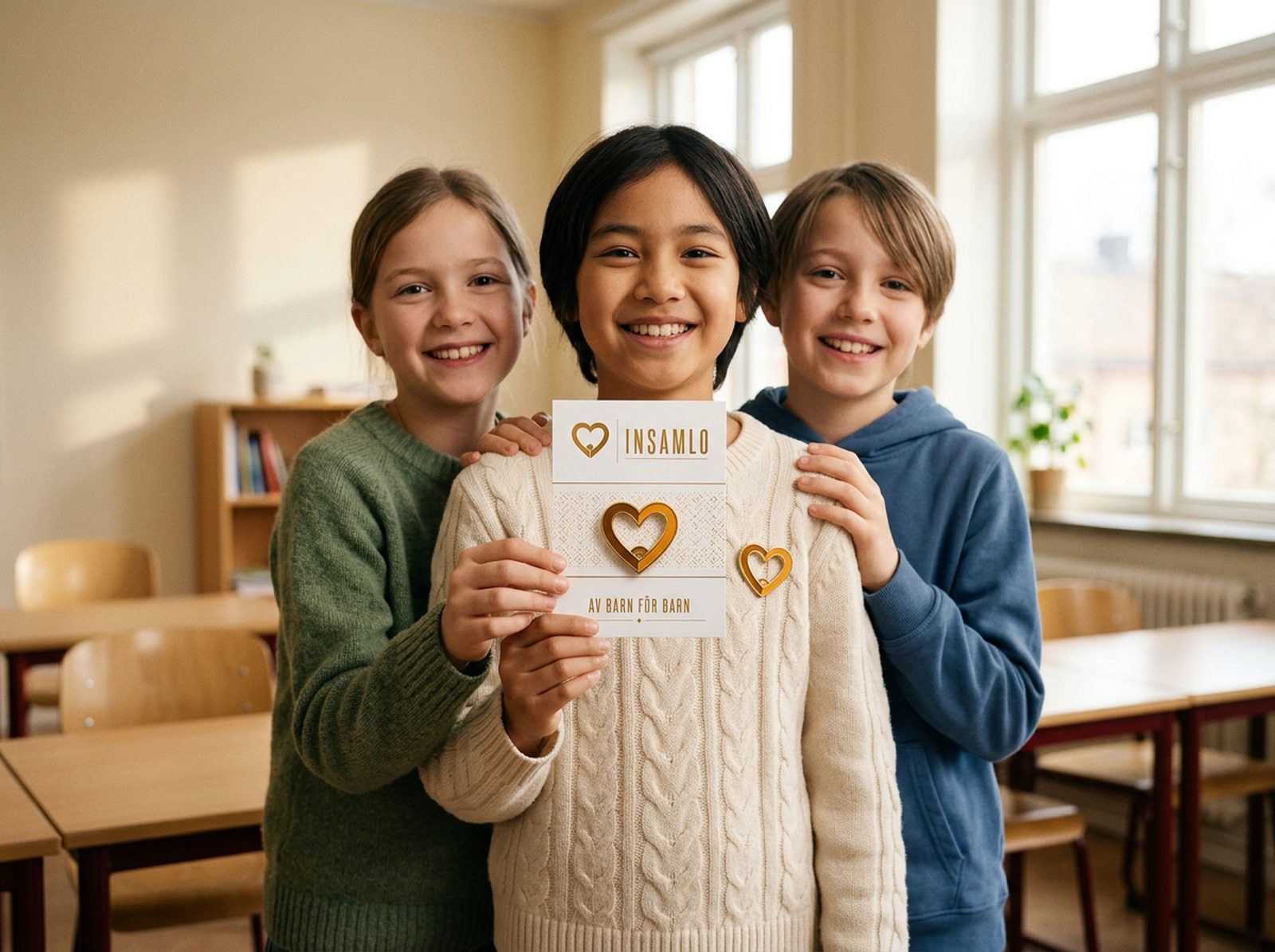 Tre elever i ett klassrum håller upp ett kort med Insamlo Pins